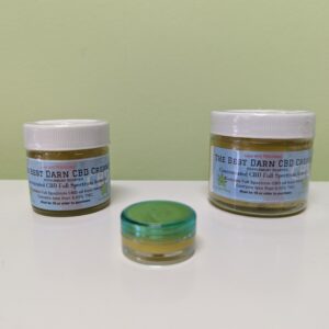Various sizes of CBD pain cream jars.