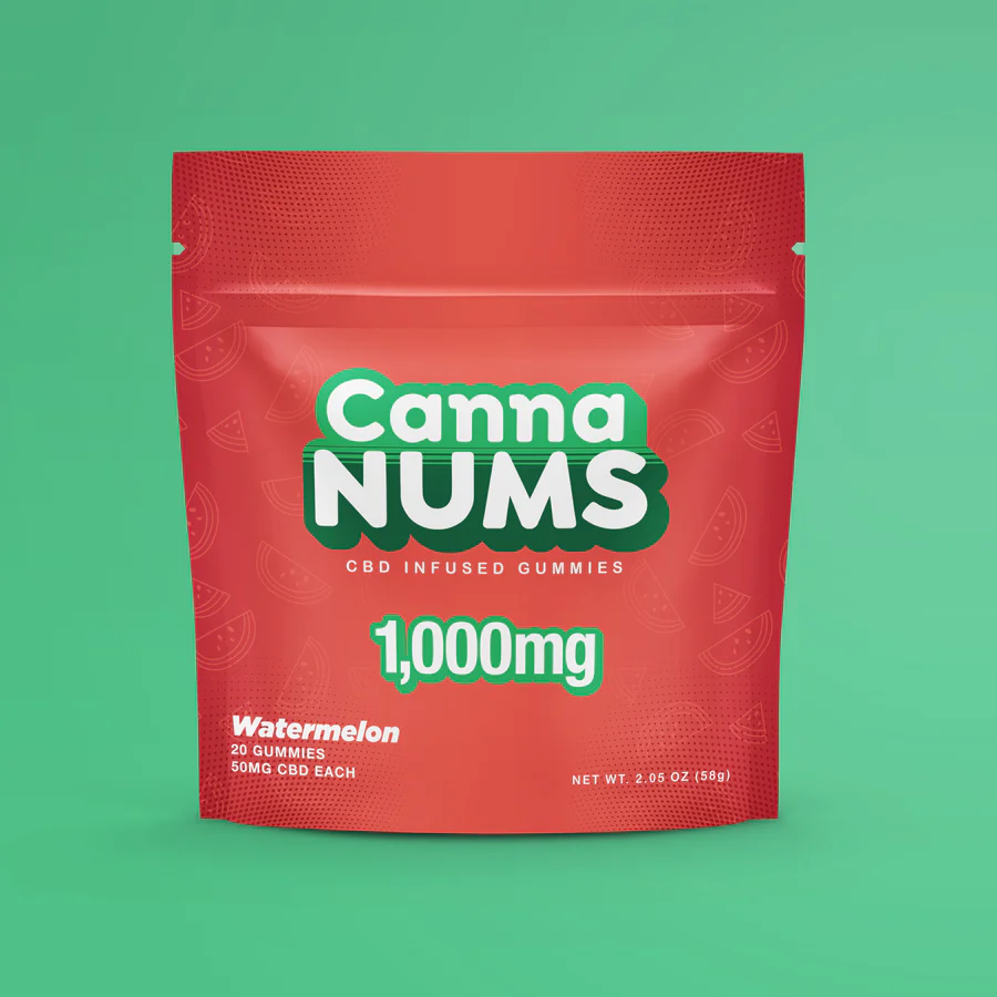 Watermelon CannaNums CBD gummies in the bag.